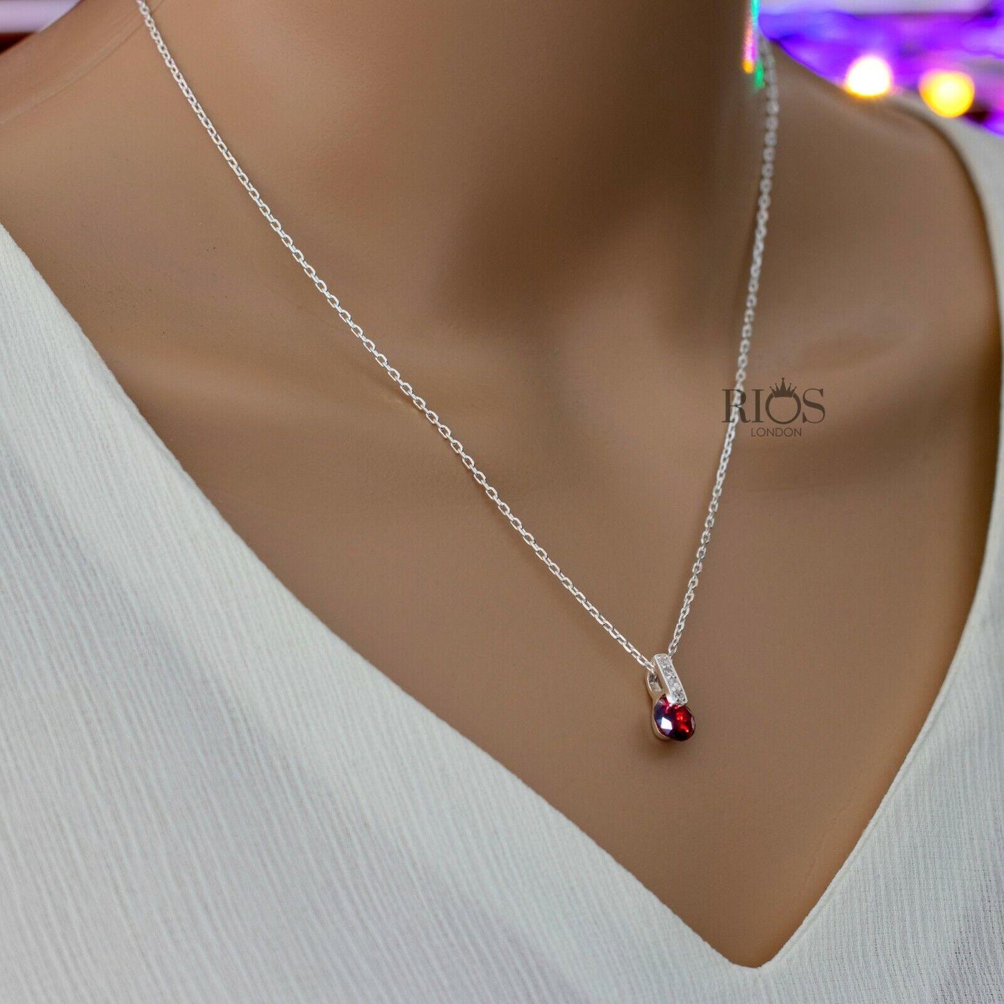 New 925 Sterling Silver Garnet Red Lab-Created Gemstone Necklace Gift Boxed - Rios London