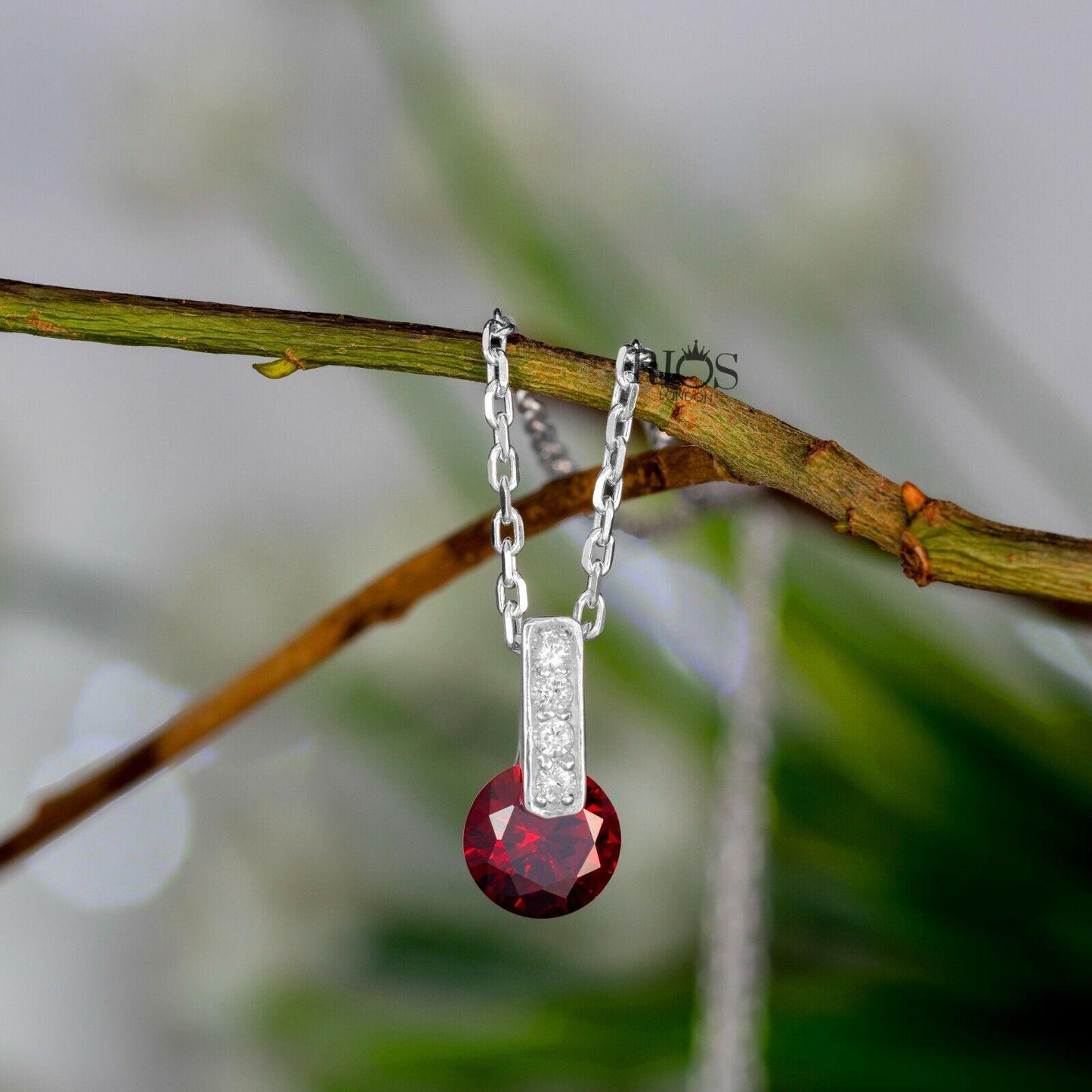 New 925 Sterling Silver Garnet Red Lab-Created Gemstone Necklace Gift Boxed - Rios London