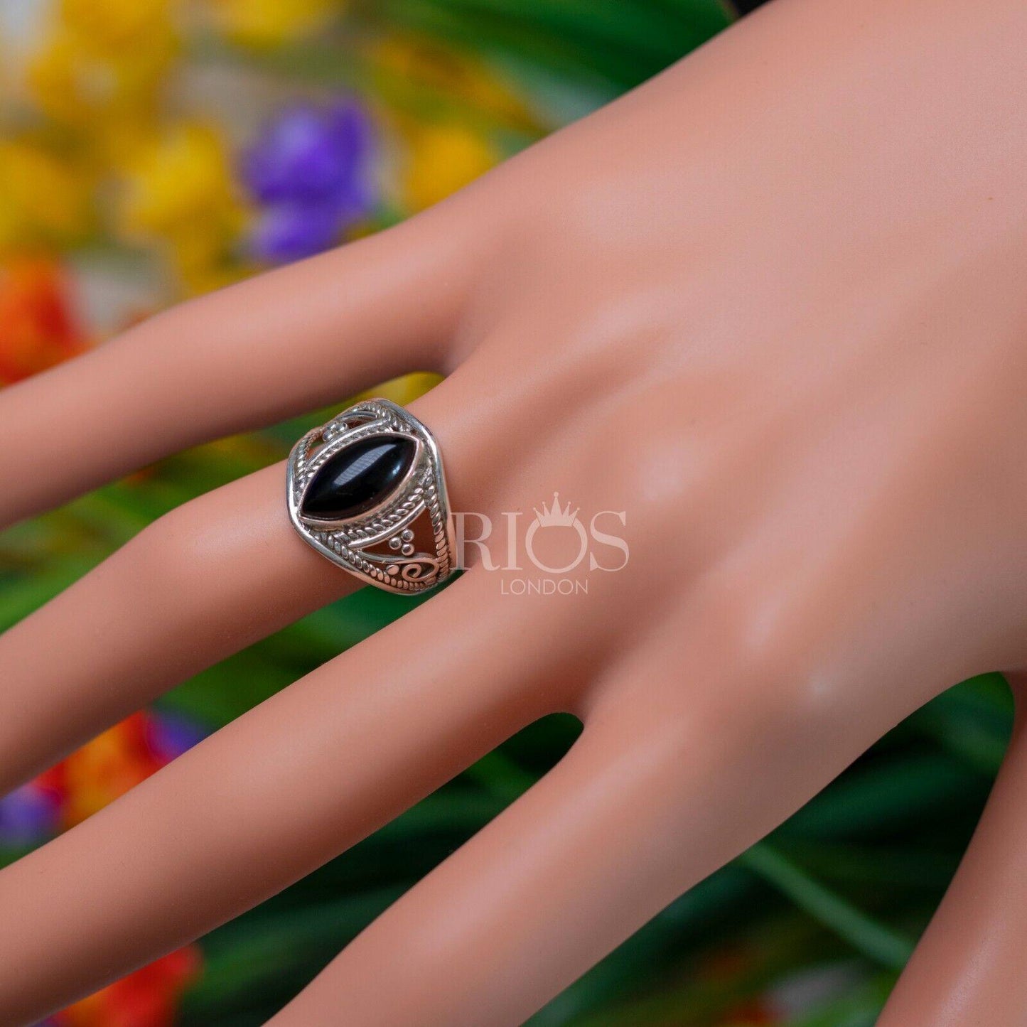 New 925 Sterling Silver Marquise Black Onyx Gemstone Women Boho Ring Boxed