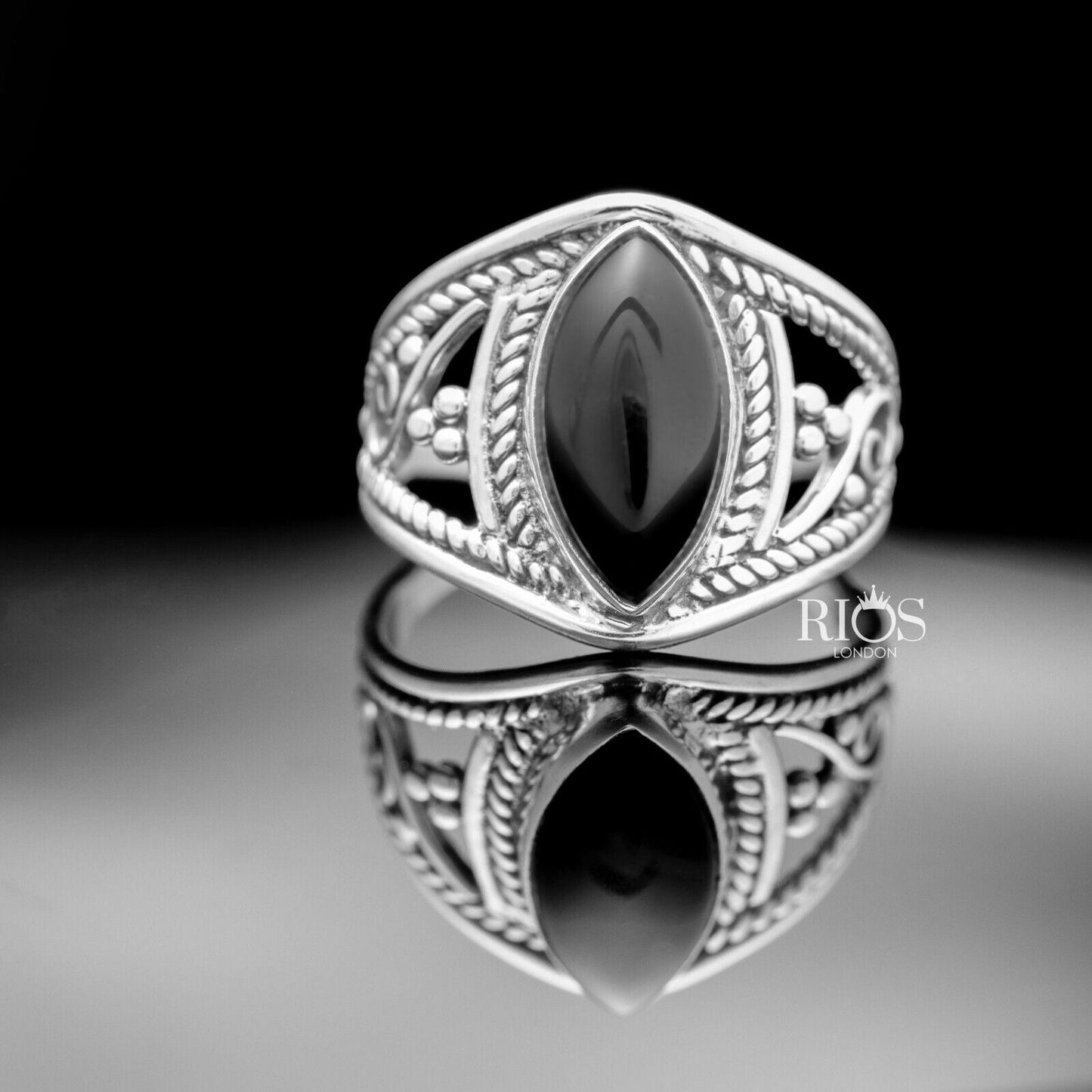 New 925 Sterling Silver Marquise Black Onyx Gemstone Women Boho Ring Boxed