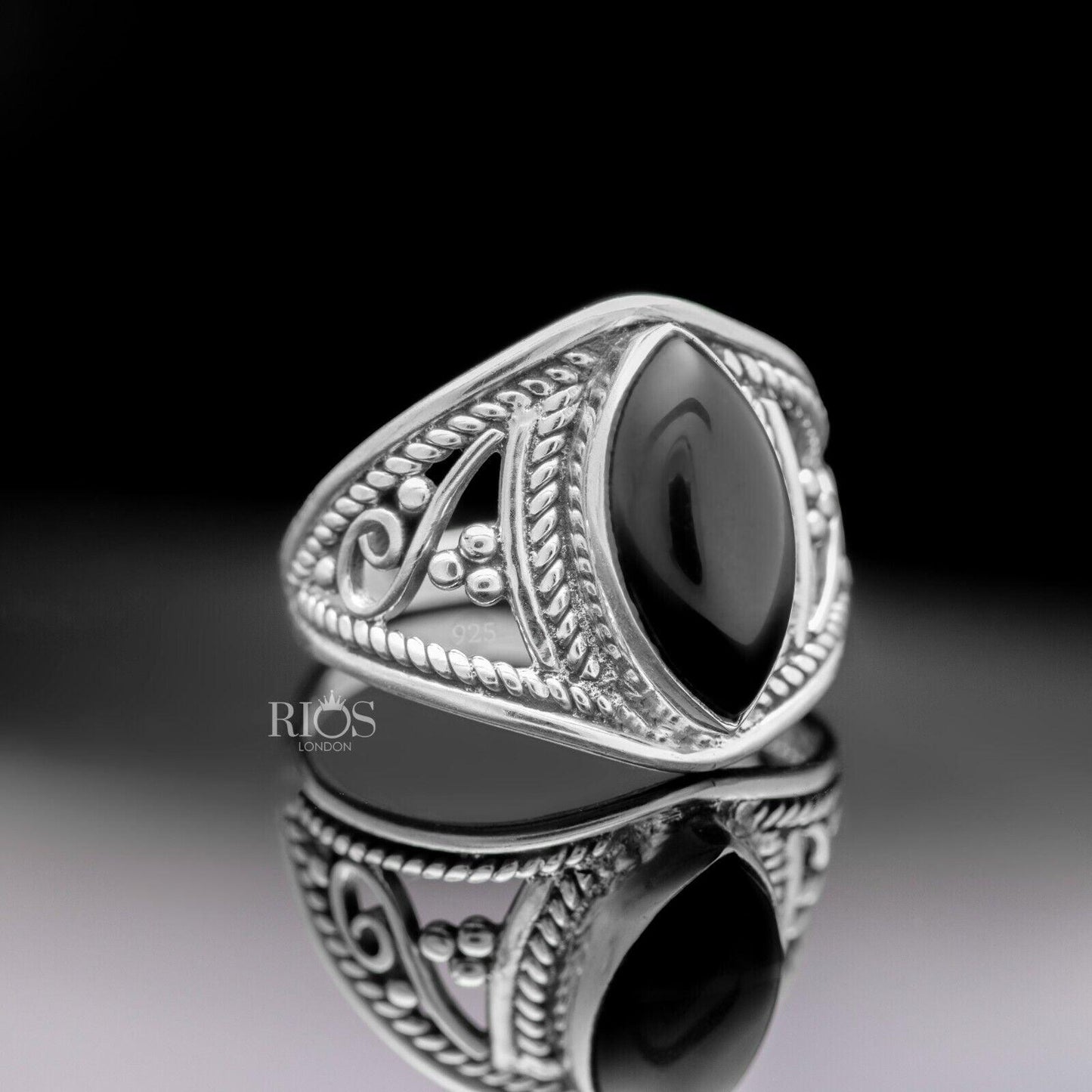 New 925 Sterling Silver Marquise Black Onyx Gemstone Women Boho Ring Boxed