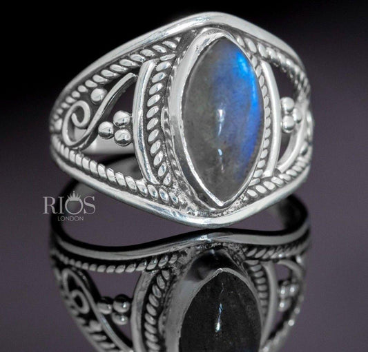 New 925 Sterling Silver Marquise Labradorite Gemstone Women Boho Ring Boxed - Rios London