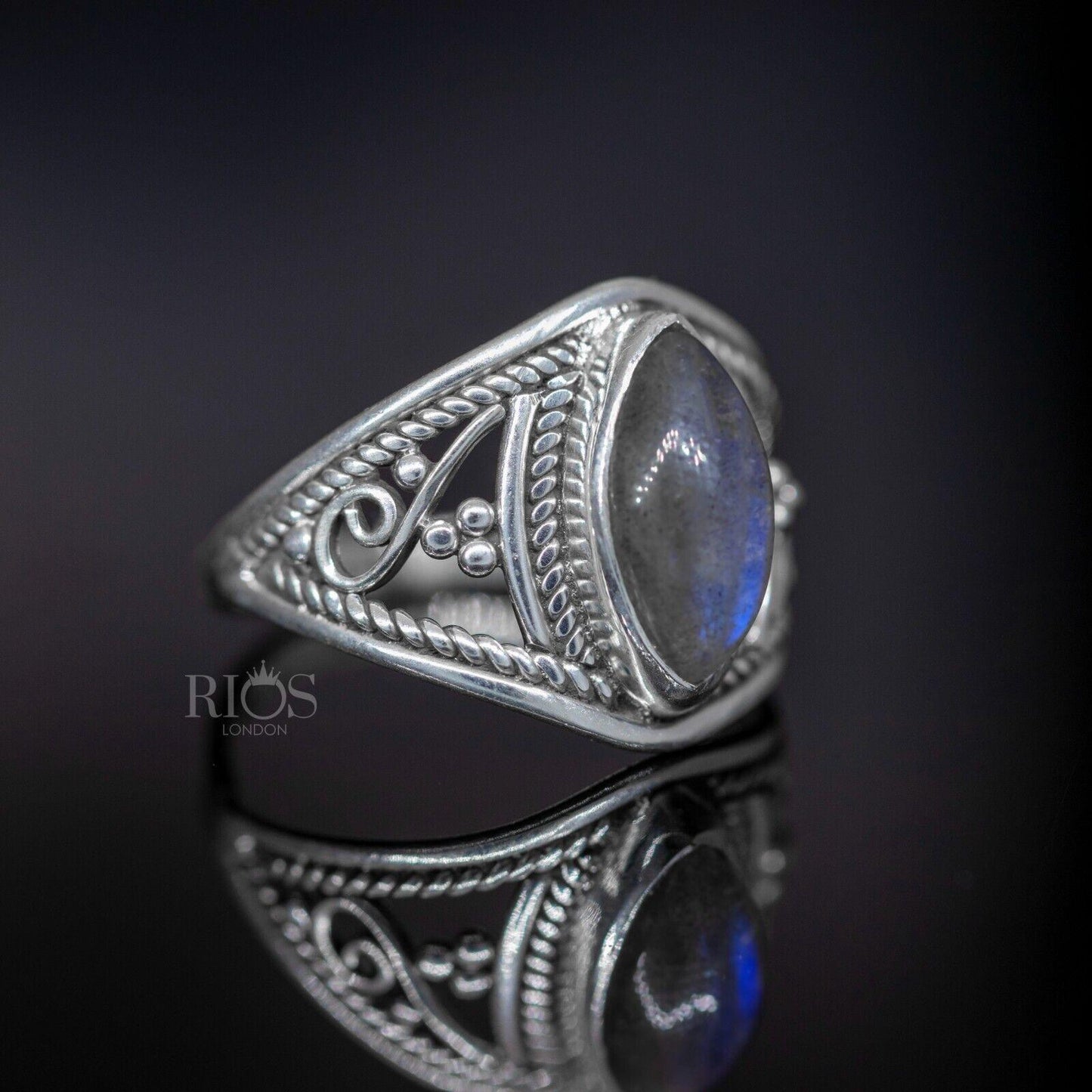 New 925 Sterling Silver Marquise Labradorite Gemstone Women Boho Ring Boxed - Rios London