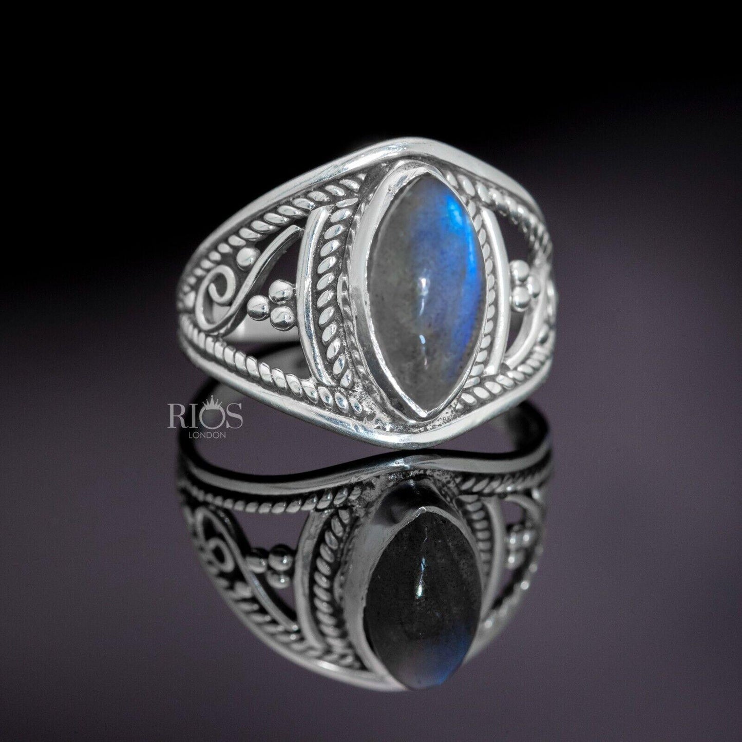 New 925 Sterling Silver Marquise Labradorite Gemstone Women Boho Ring Boxed - Rios London