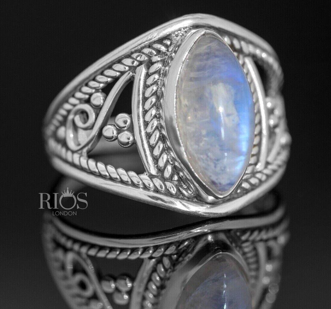 New 925 Sterling Silver Marquise Moonstone Gemstone Women Boho Ring Boxed