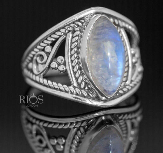 New 925 Sterling Silver Marquise Moonstone Gemstone Women Boho Ring Boxed