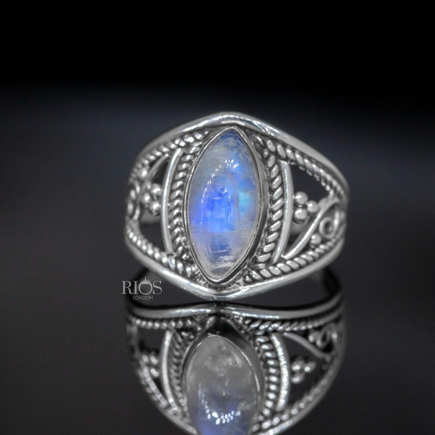 New 925 Sterling Silver Marquise Moonstone Gemstone Women Boho Ring Boxed