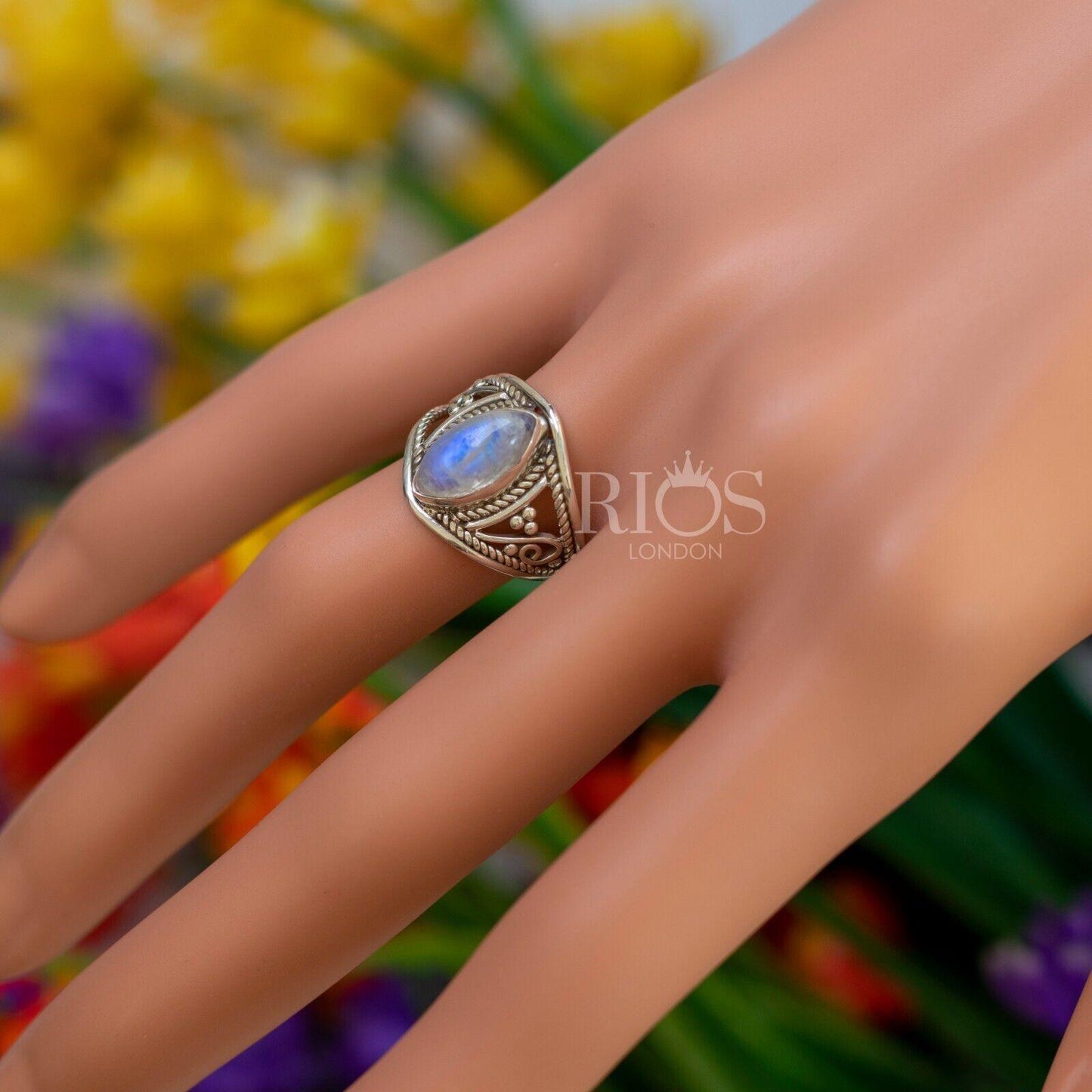 New 925 Sterling Silver Marquise Moonstone Gemstone Women Boho Ring Boxed