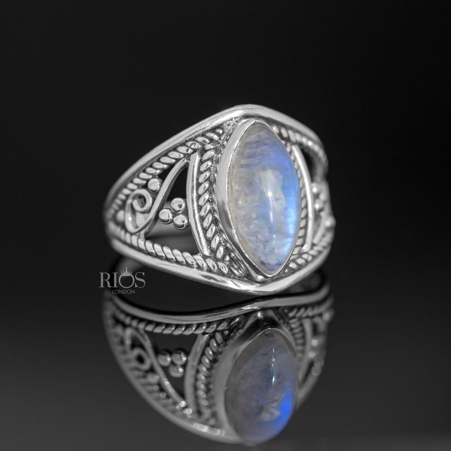 New 925 Sterling Silver Marquise Moonstone Gemstone Women Boho Ring Boxed