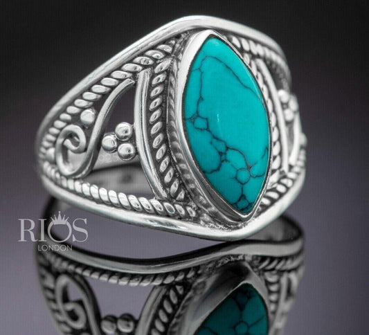 New 925 Sterling Silver Marquise Turquoise Gemstone Women Boho Ring Boxed