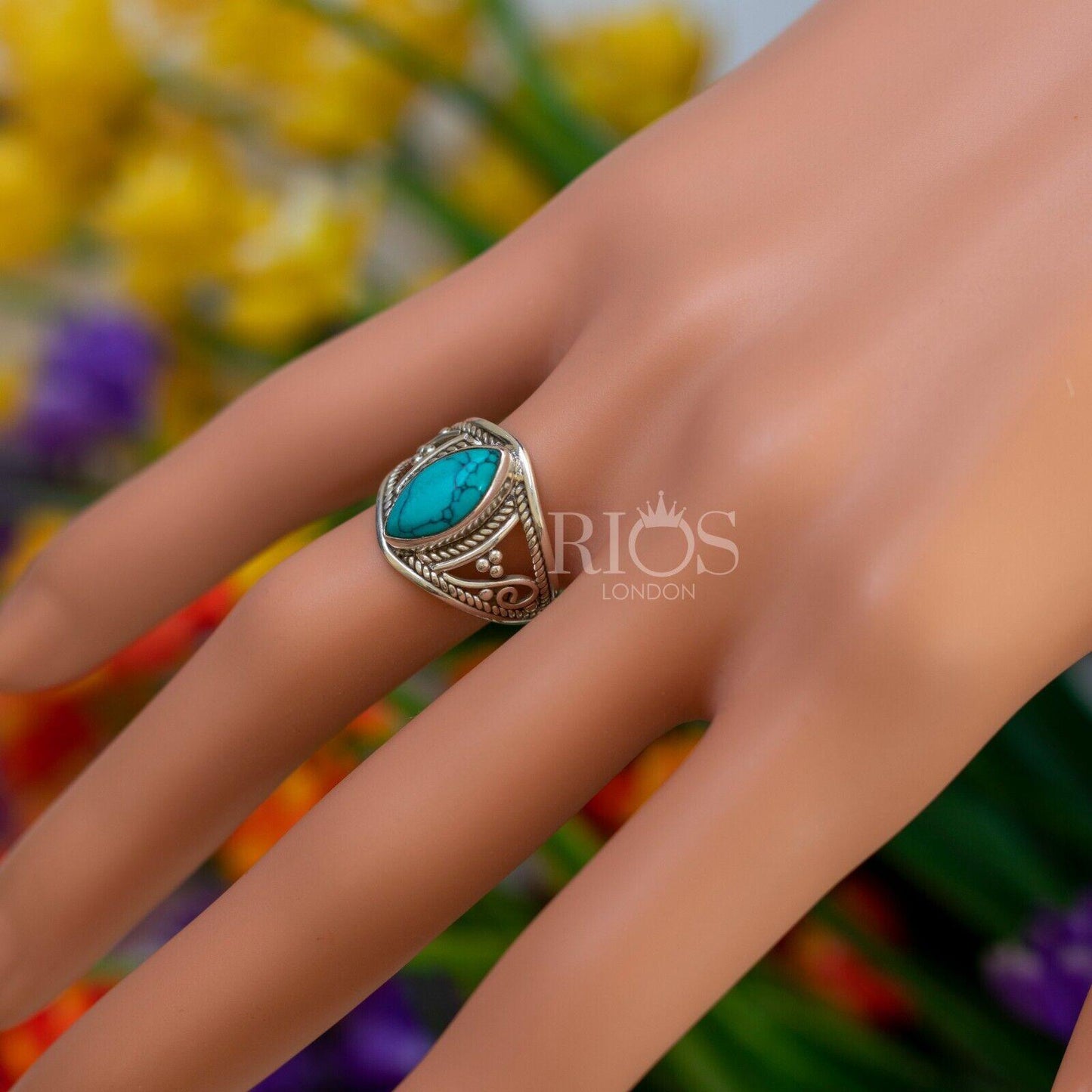 New 925 Sterling Silver Marquise Turquoise Gemstone Women Boho Ring Boxed