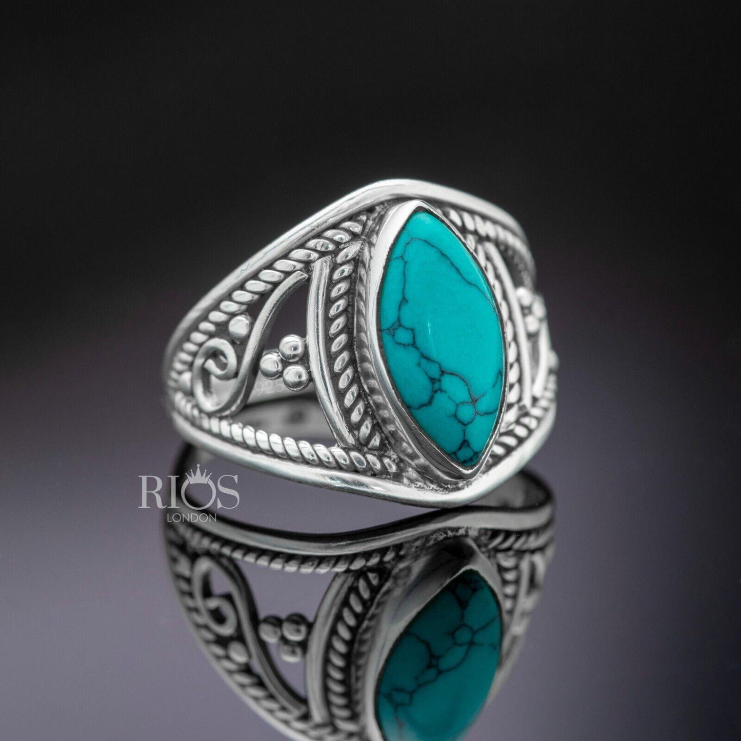 New 925 Sterling Silver Marquise Turquoise Gemstone Women Boho Ring Boxed