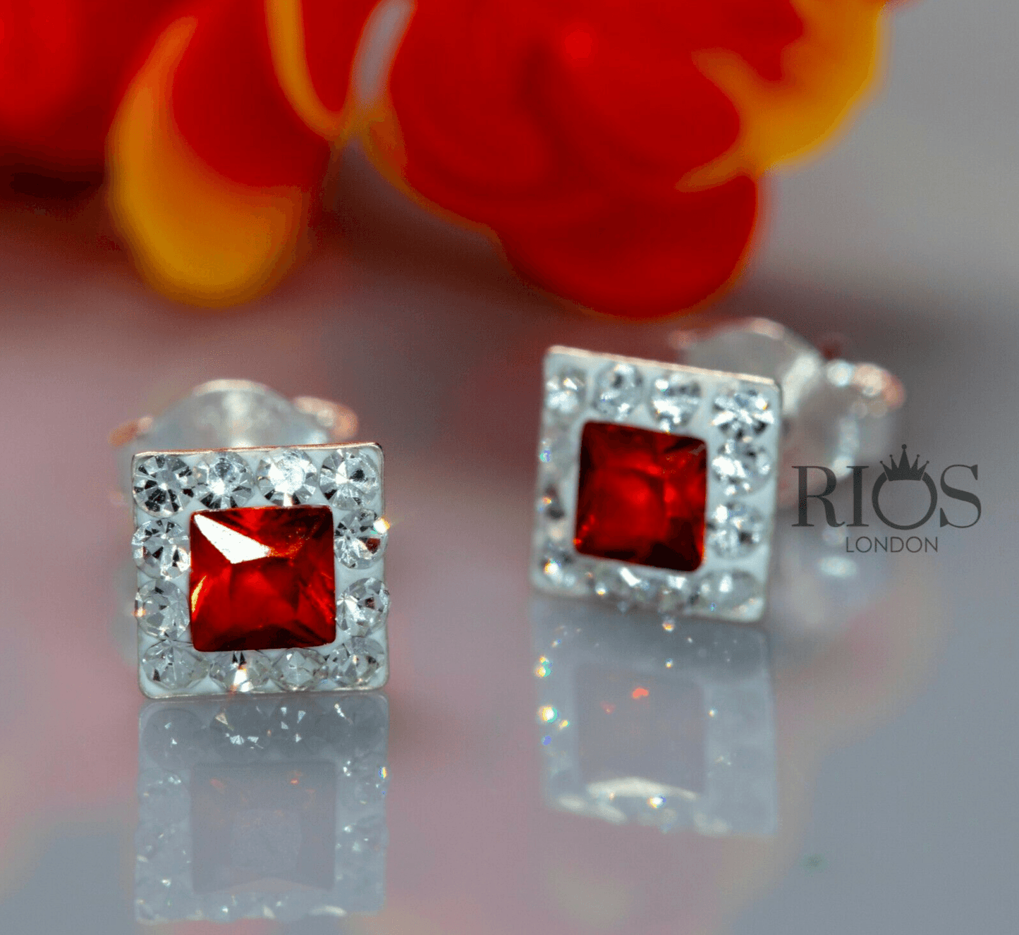 New 925 Sterling Silver Red Garnet Cushion Gemstone Studs Earrings Gift Boxed - Rios London