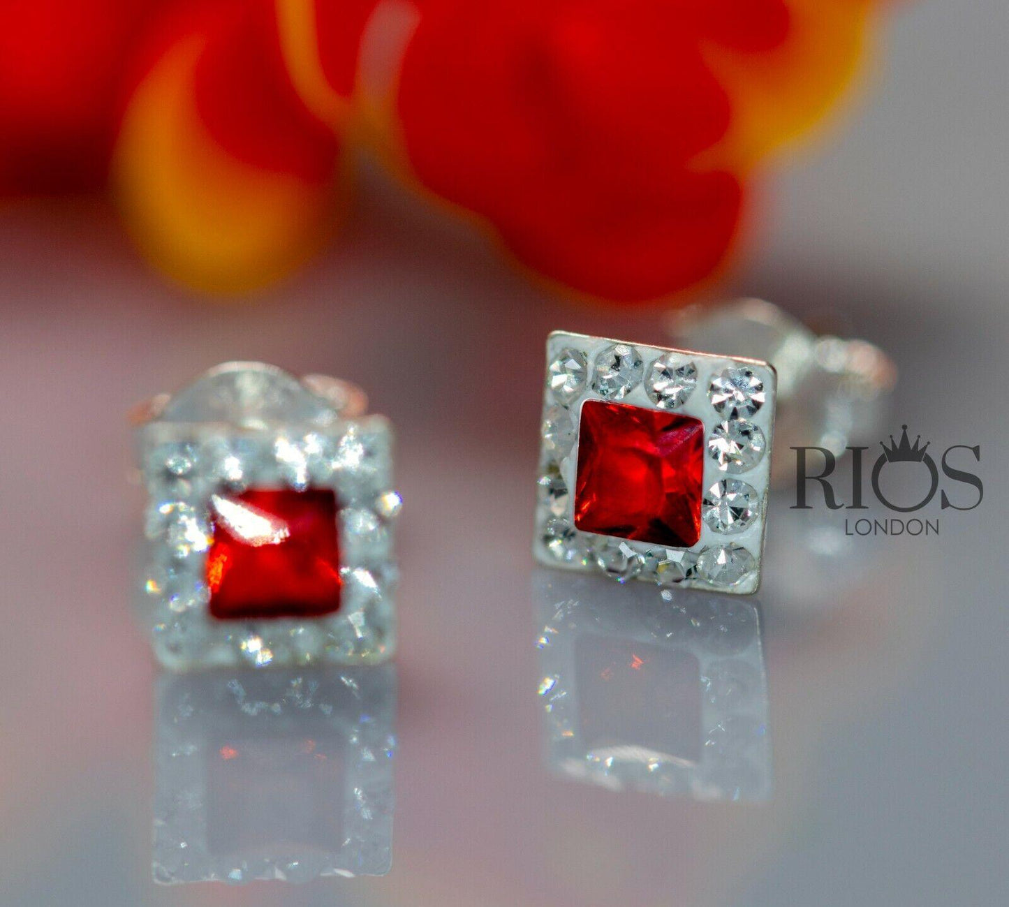 New 925 Sterling Silver Red Garnet Cushion Gemstone Studs Earrings Gift Boxed - Rios London