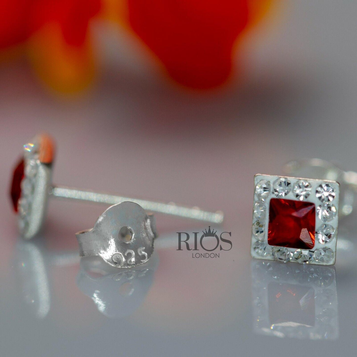 New 925 Sterling Silver Red Garnet Cushion Gemstone Studs Earrings Gift Boxed - Rios London