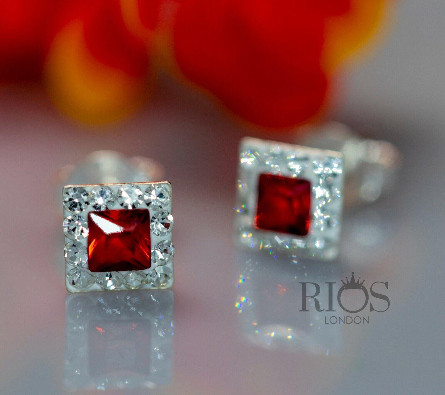 New 925 Sterling Silver Red Garnet Cushion Gemstone Studs Earrings Gift Boxed - Rios London