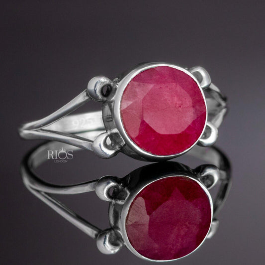 New 925 Sterling Silver Ruby Round Gemstone Women Red Boho Ring Gift Boxed - Rios London