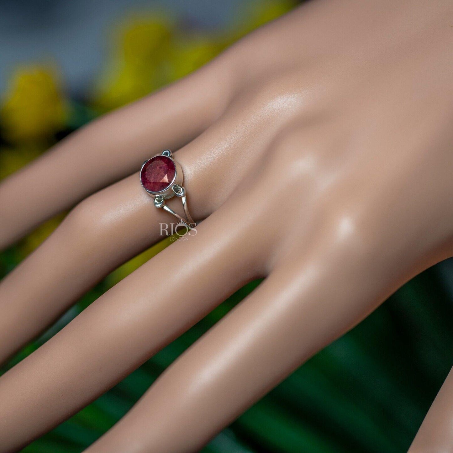 New 925 Sterling Silver Ruby Round Gemstone Women Red Boho Ring Gift Boxed - Rios London