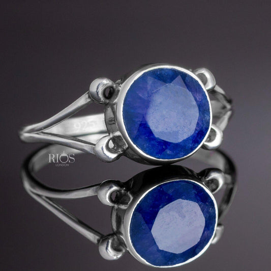 New 925 Sterling Silver Sapphire Round Gemstone Women Blue Boho Ring Gift Boxed - Rios London