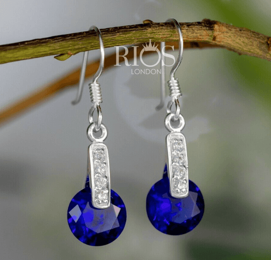 New 925 Sterling Silver Sapphire Round Lab Created Gemstone Earrings Gift Boxed - Rios London