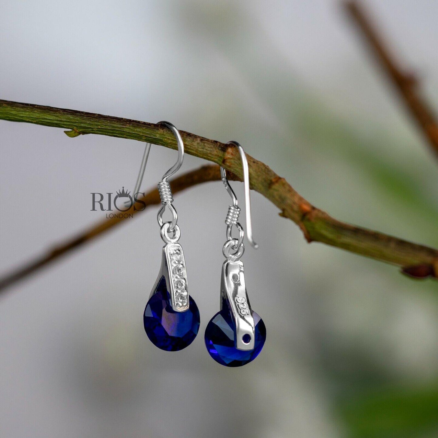 New 925 Sterling Silver Sapphire Round Lab Created Gemstone Earrings Gift Boxed - Rios London