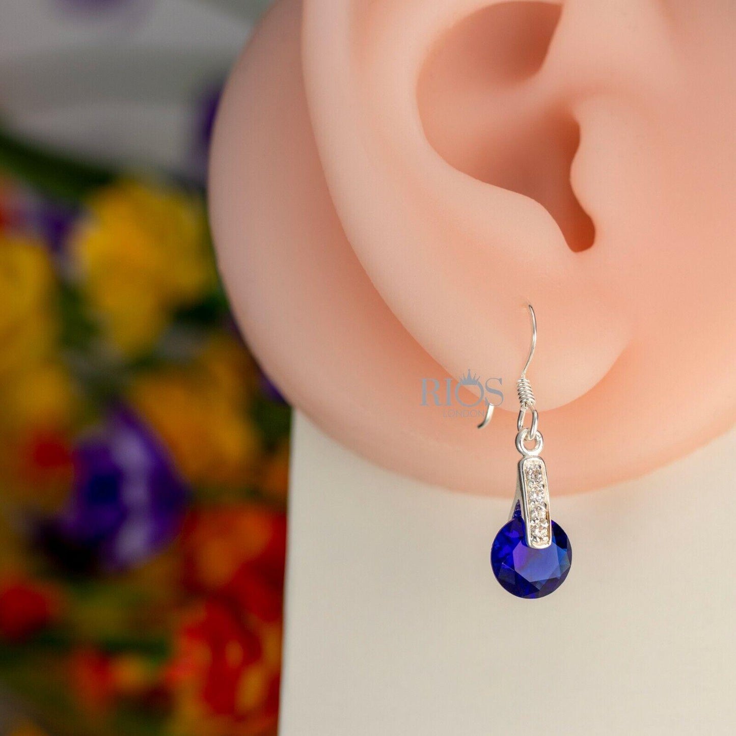 New 925 Sterling Silver Sapphire Round Lab Created Gemstone Earrings Gift Boxed - Rios London