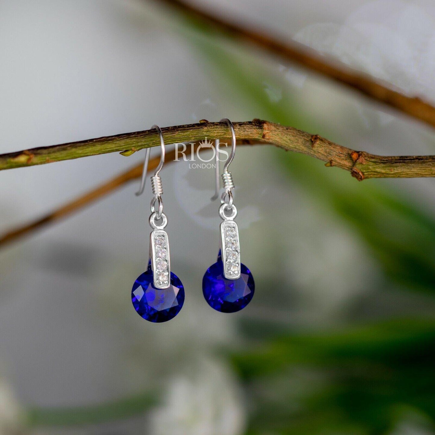 New 925 Sterling Silver Sapphire Round Lab Created Gemstone Earrings Gift Boxed - Rios London