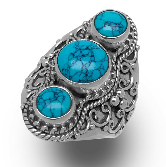 New 925 Sterling Silver Stunning Triple TURQUOISE Gothic Big Ring Gift Boxed - Rios London