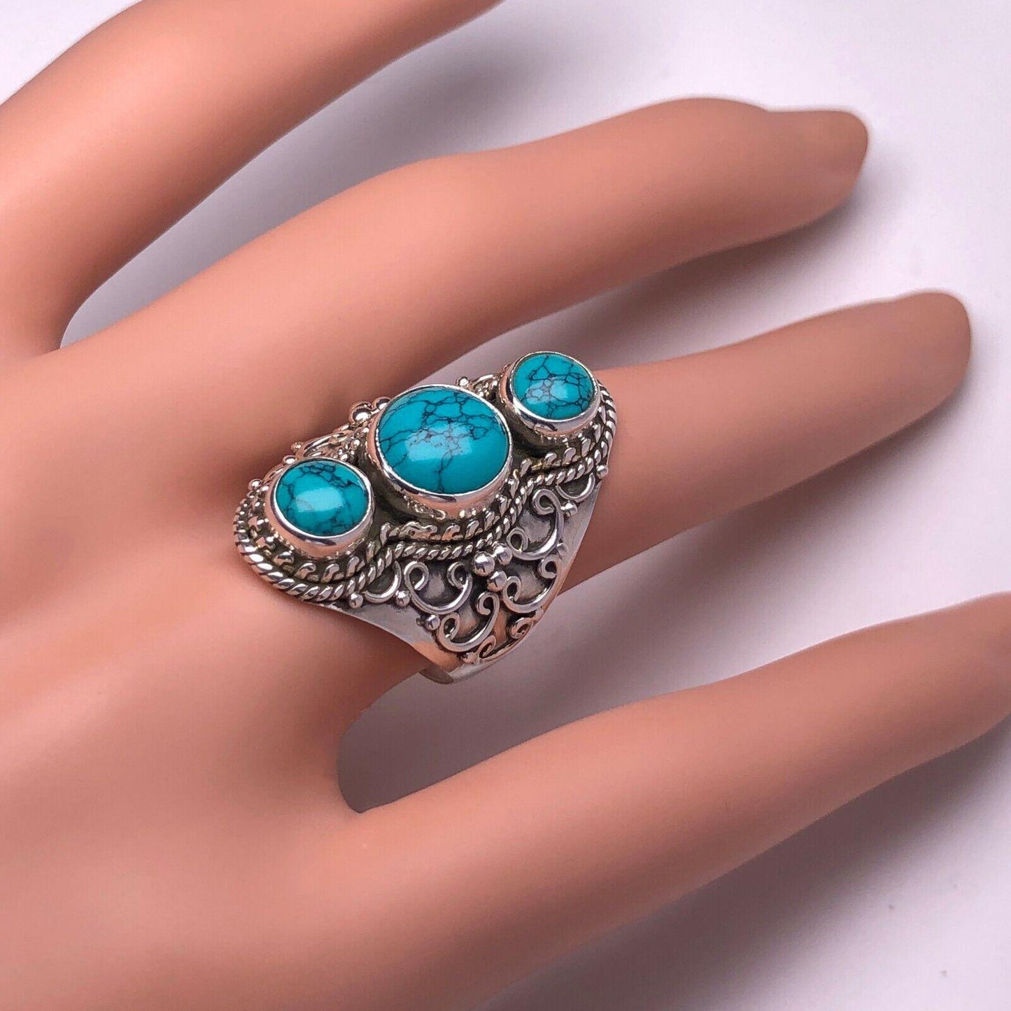 New 925 Sterling Silver Stunning Triple TURQUOISE Gothic Big Ring Gift Boxed - Rios London