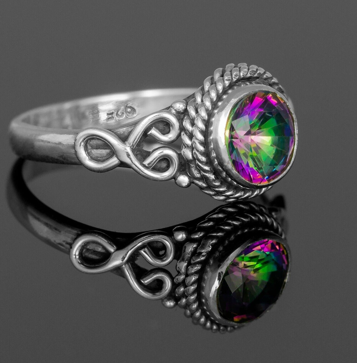 New Super 925 Sterling Silver Mystic Fire Topaz Facet Cut Gemstone Ring Gift Box
