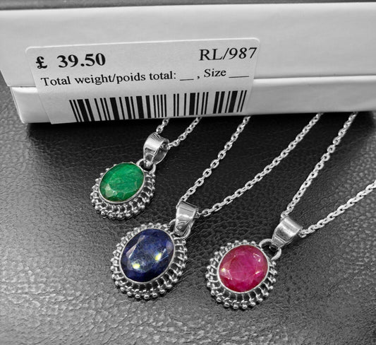 New Superb RUBY SAPPHIRE 925 Sterling Silver Necklace Pendant Gift Boxed - Rios London