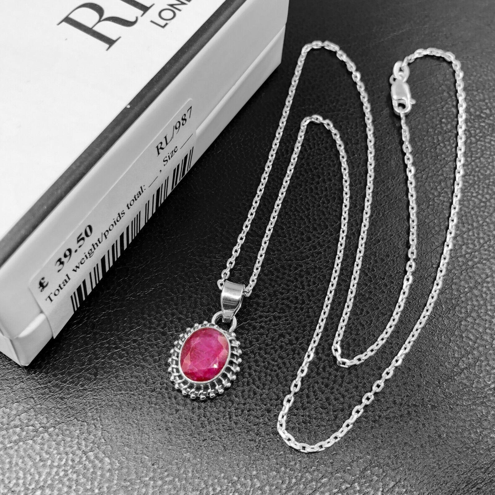New Superb RUBY SAPPHIRE 925 Sterling Silver Necklace Pendant Gift Boxed - Rios London