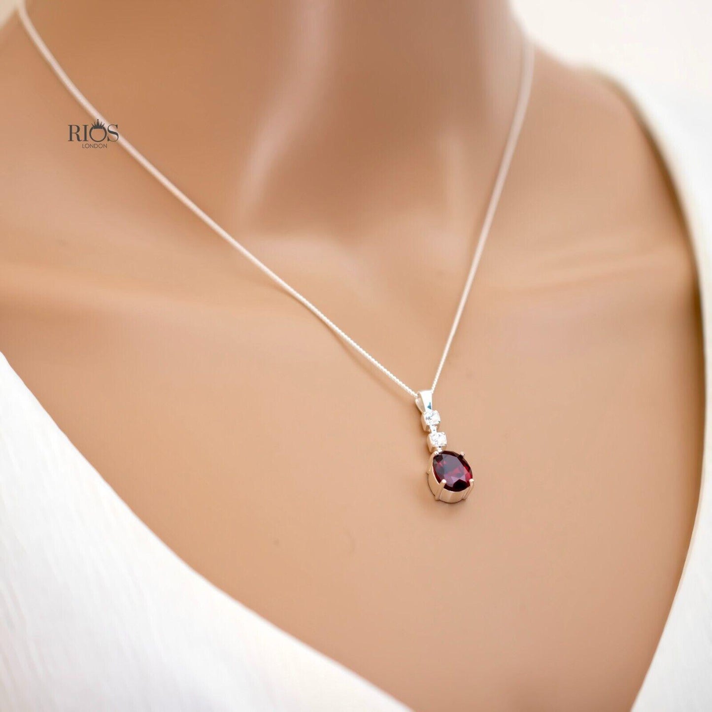 Oval 925 Sterling Silver Pendant Necklace Lab-Created Garnet Gift Boxed - Rios London