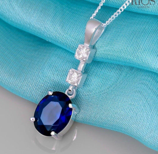 Oval 925 Sterling Silver Pendant Necklace Lab-Created Sapphire Blue Gift Boxed - Rios London