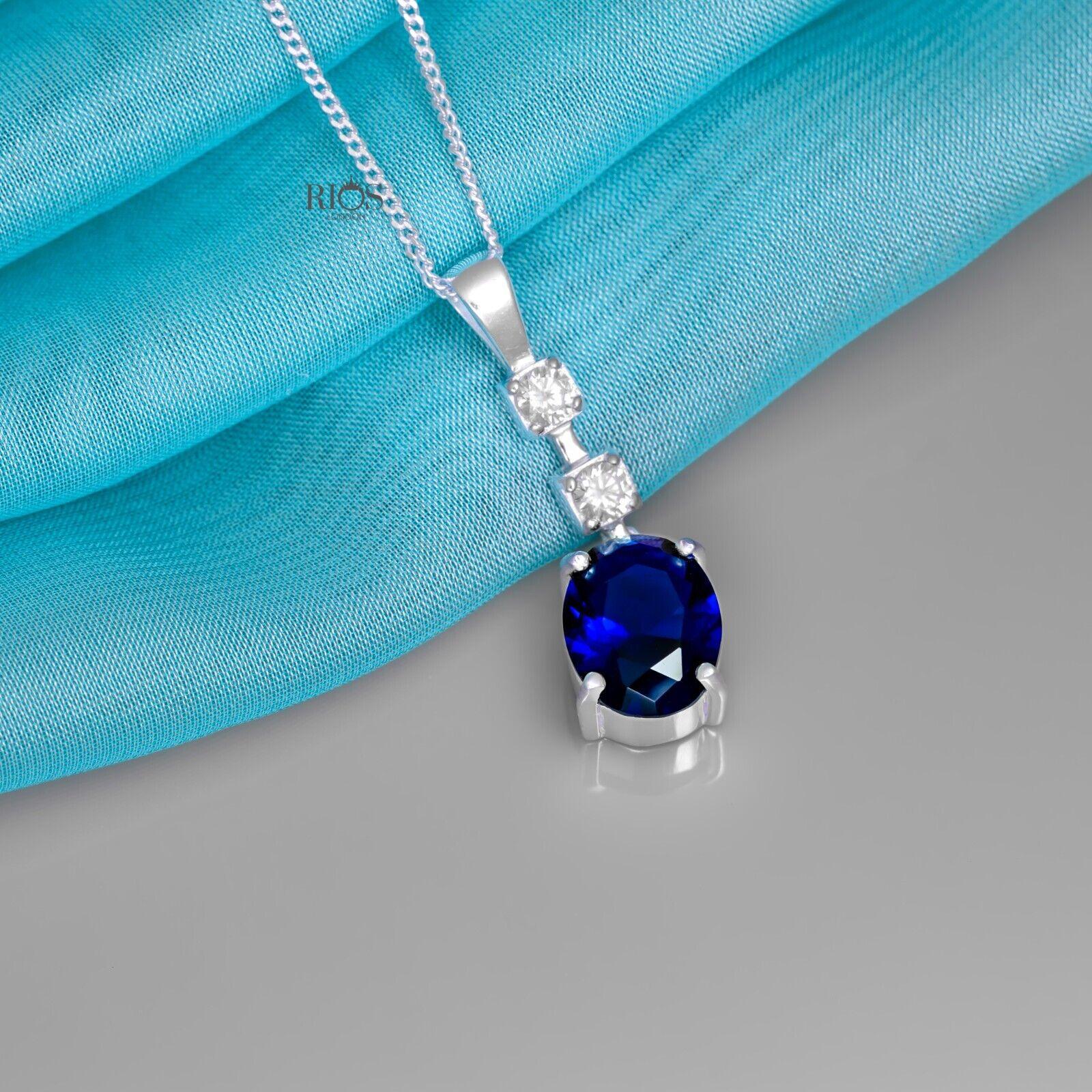 Oval 925 Sterling Silver Pendant Necklace Lab-Created Sapphire Blue Gift Boxed - Rios London