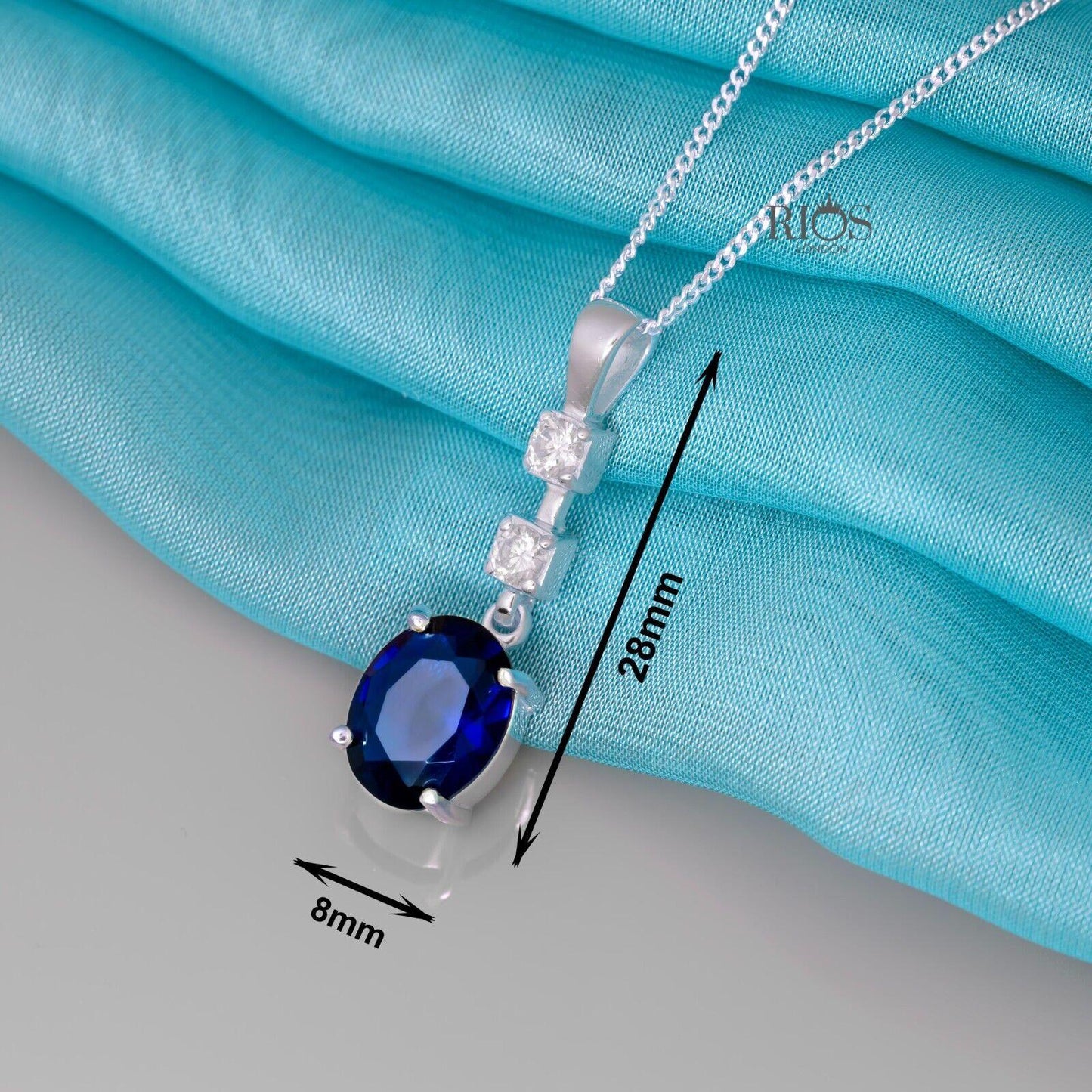 Oval 925 Sterling Silver Pendant Necklace Lab-Created Sapphire Blue Gift Boxed - Rios London