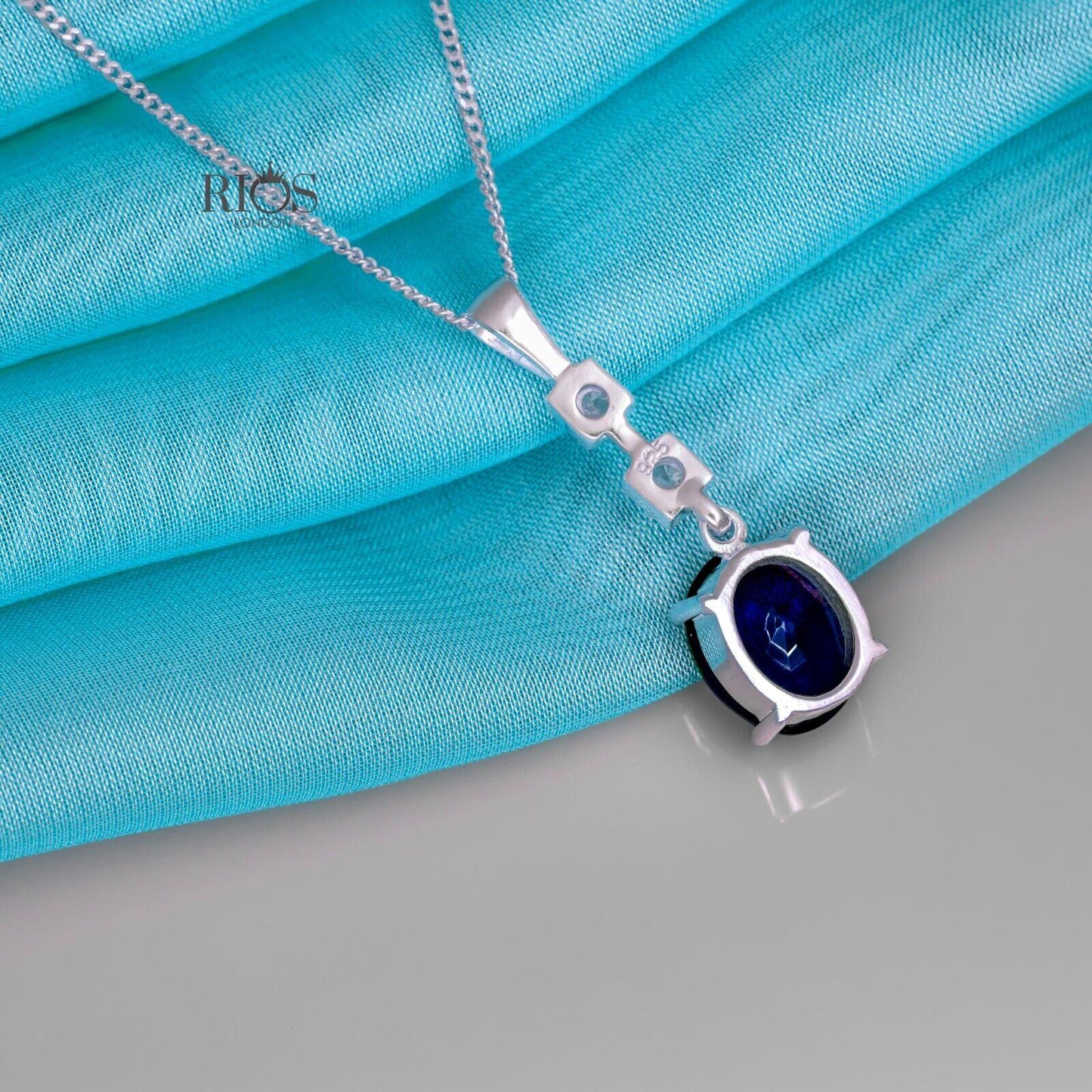 Oval 925 Sterling Silver Pendant Necklace Lab-Created Sapphire Blue Gift Boxed - Rios London