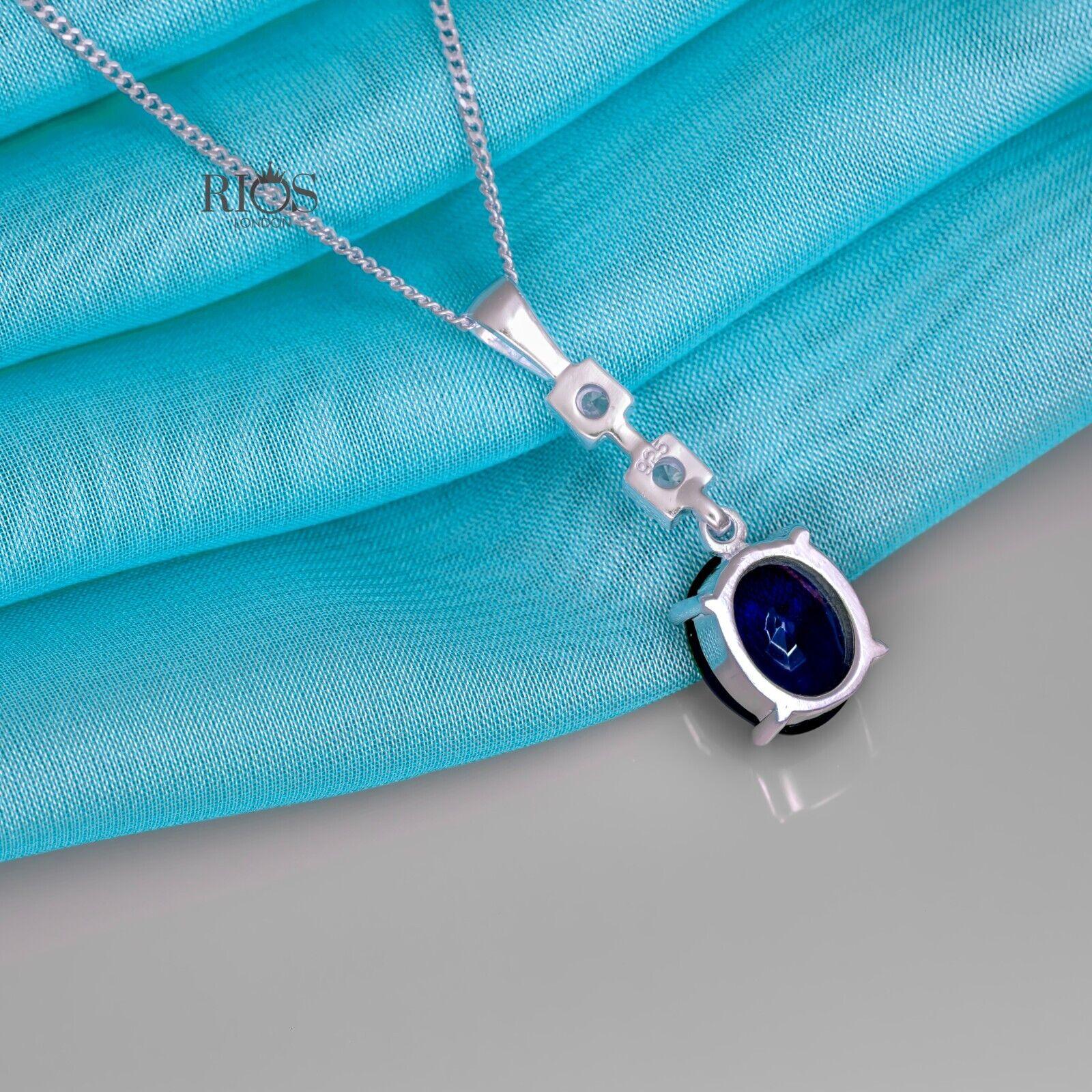 Oval 925 Sterling Silver Pendant Necklace Lab-Created Sapphire Blue Gift Boxed - Rios London