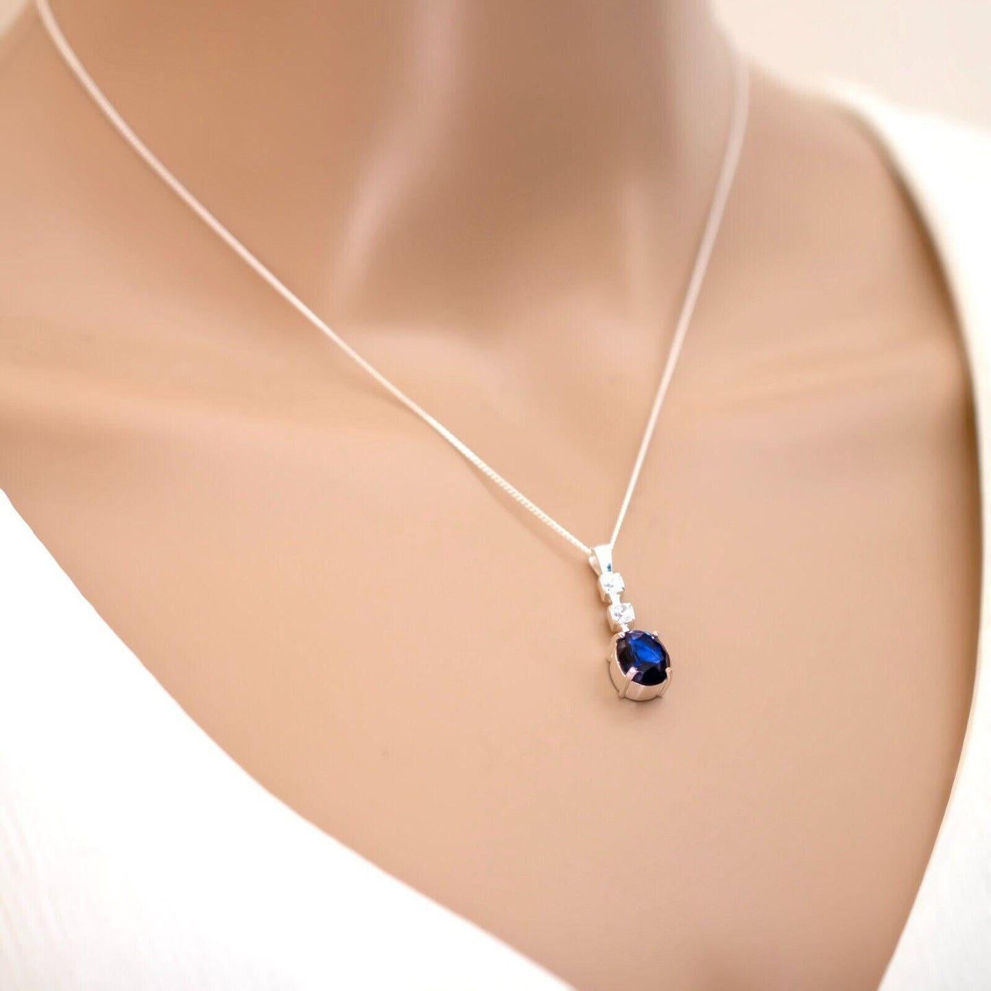 Oval 925 Sterling Silver Pendant Necklace Lab-Created Sapphire Blue Gift Boxed - Rios London