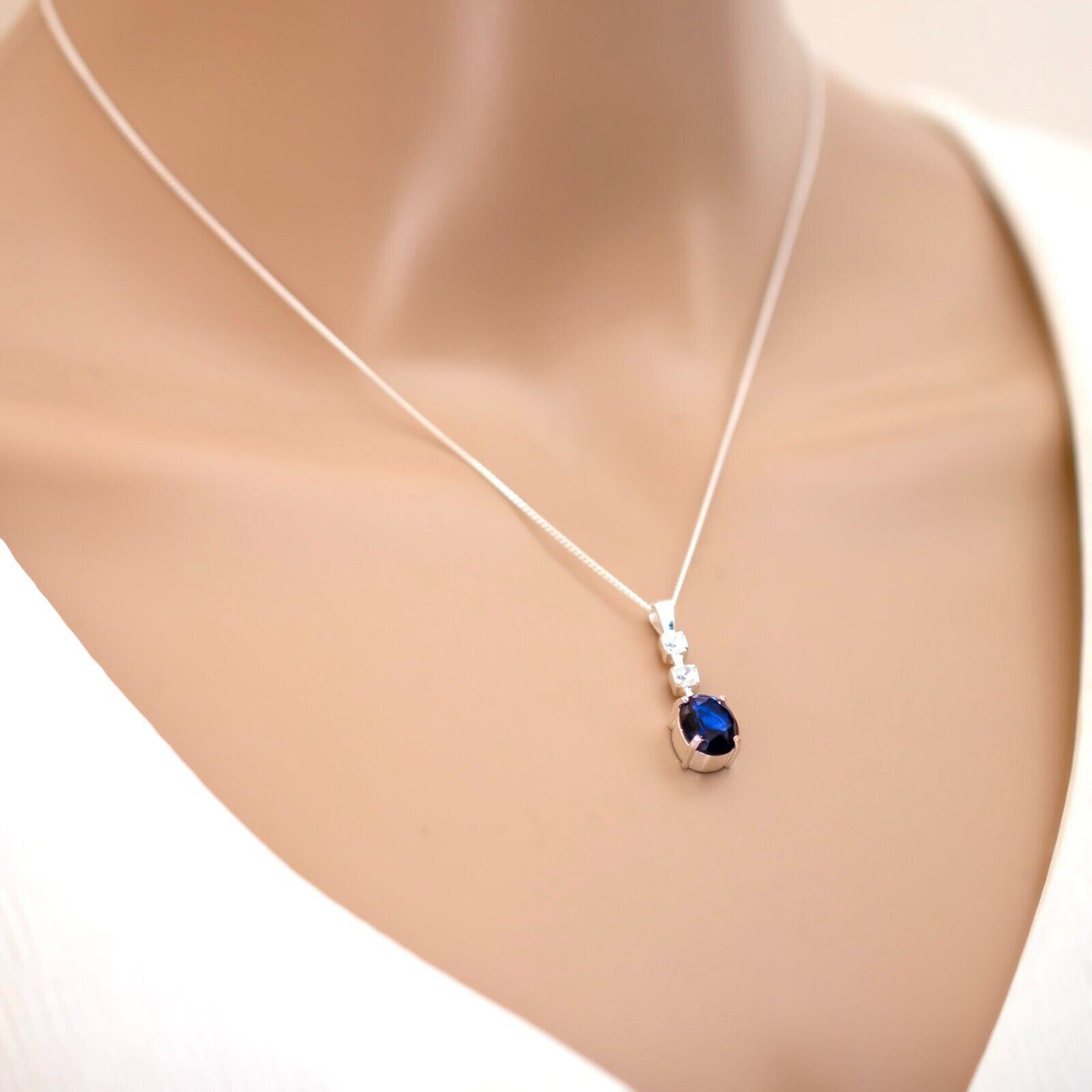 Oval 925 Sterling Silver Pendant Necklace Lab-Created Sapphire Blue Gift Boxed - Rios London