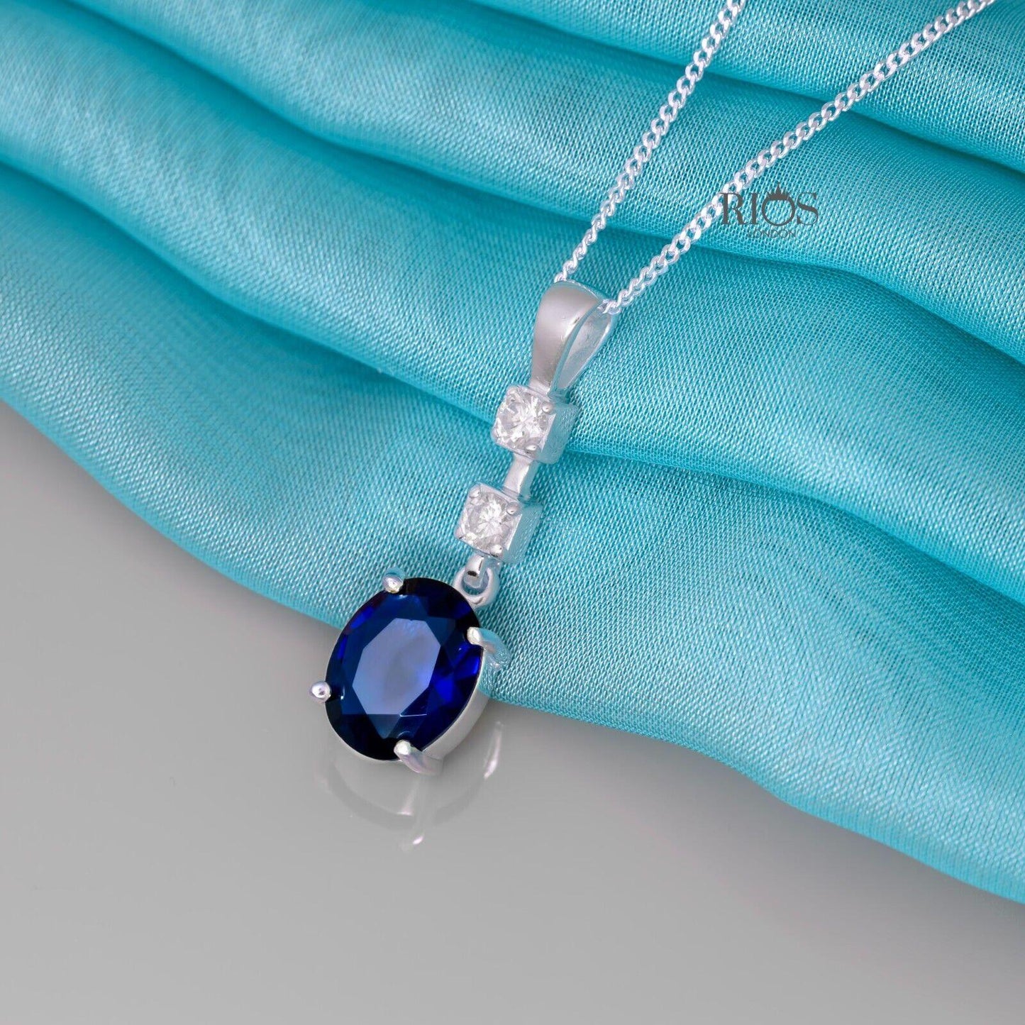 Oval 925 Sterling Silver Pendant Necklace Lab-Created Sapphire Blue Gift Boxed - Rios London