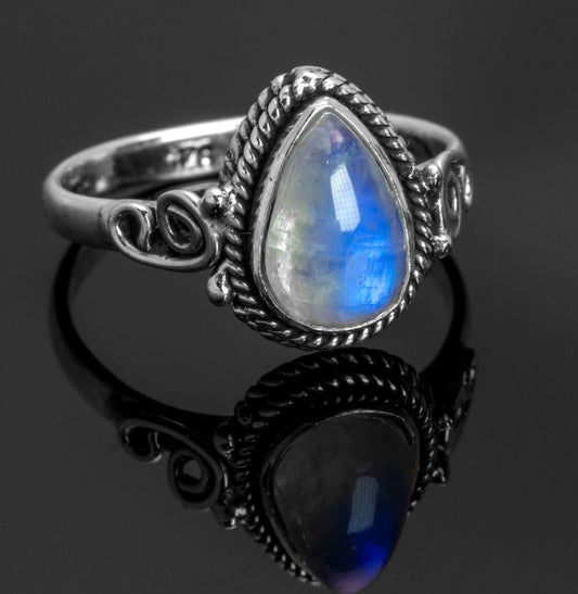 Pear Cabochon Cut Moonstone 925 Sterling Silver Ladies Gemstone Ring Gift Boxed