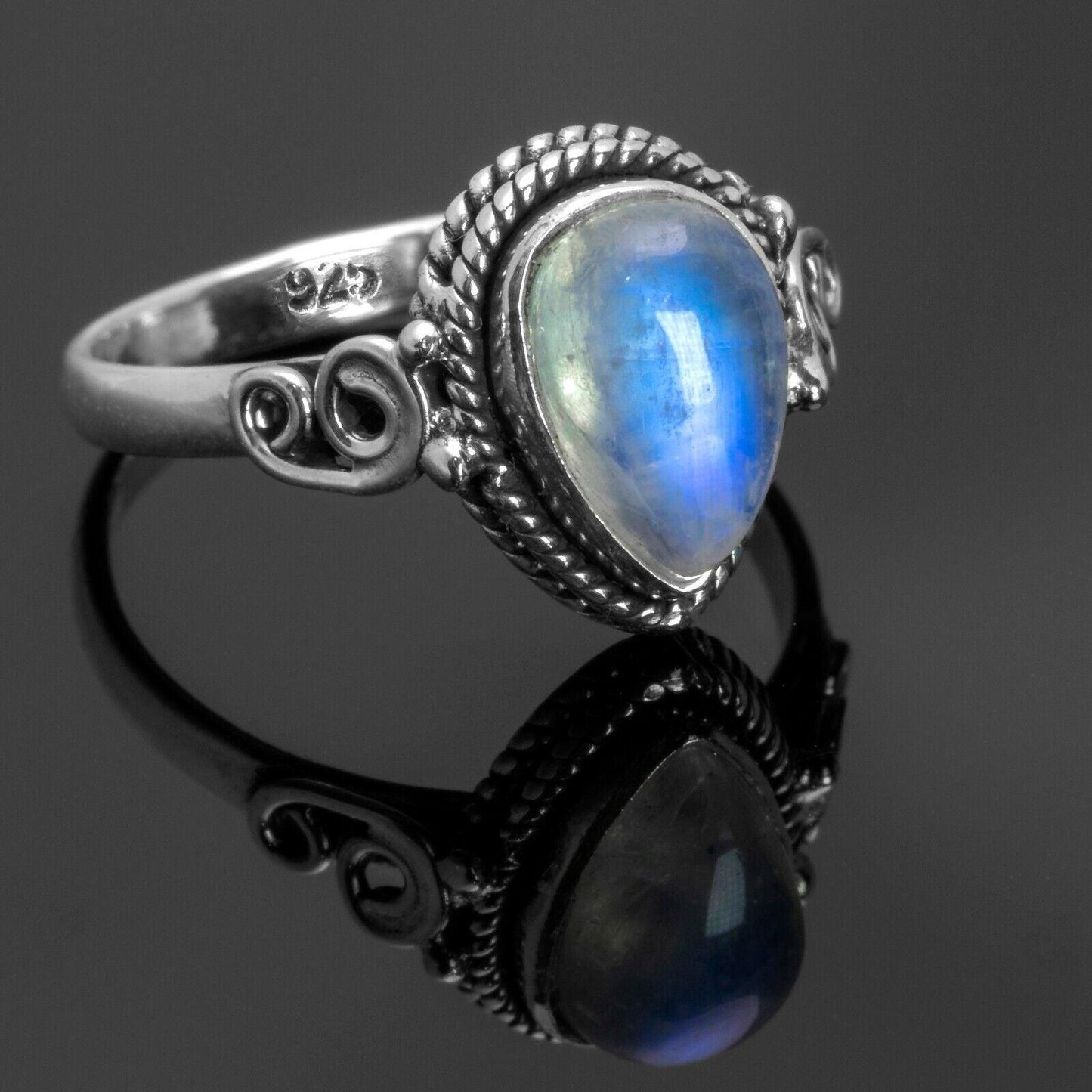 Pear Cabochon Cut Moonstone 925 Sterling Silver Ladies Gemstone Ring Gift Boxed