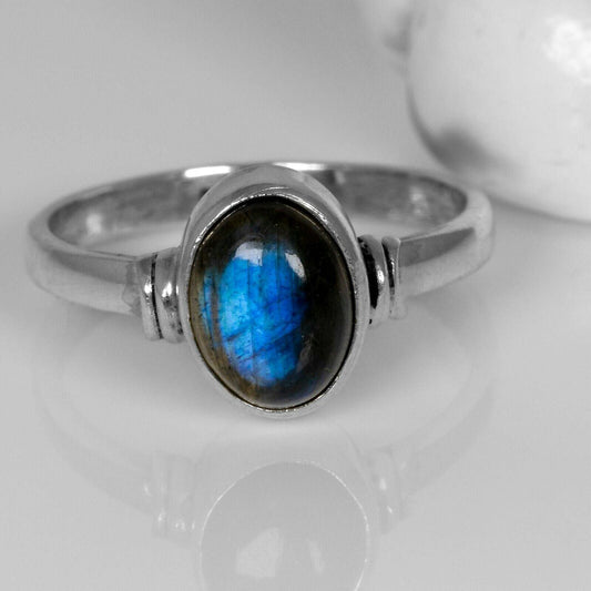 Pretty Little Oval Labradorite 925 Sterling Silver Gemstone Ring Gift Boxed