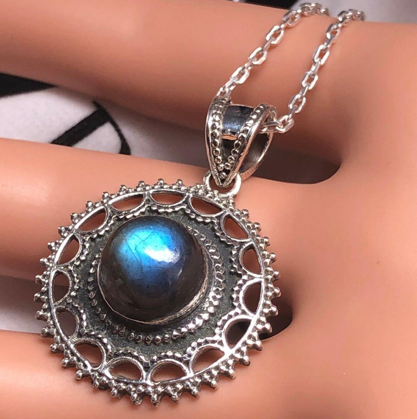 Rios London 925 Sterling Silver Labradorite Gemstone Necklace Pendant with Chain - Rios London