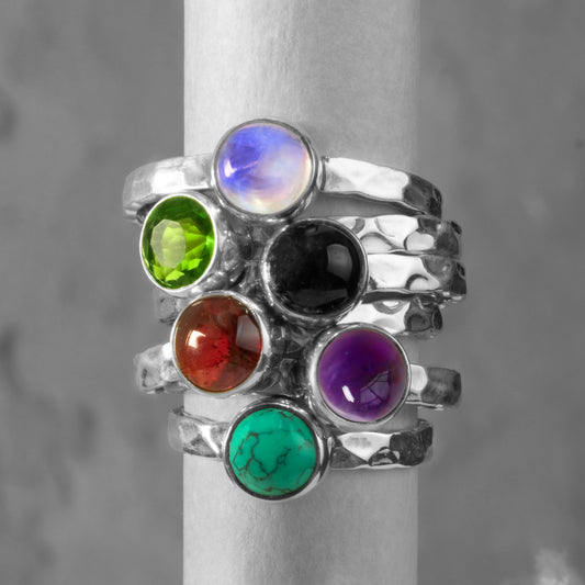 Hammered 925 Sterling Silver Natural Moonstone | Amethyst | Turquoise | Red Garnet | Black Onyx | Green Peridot Gemstone Ring Gift Boxed