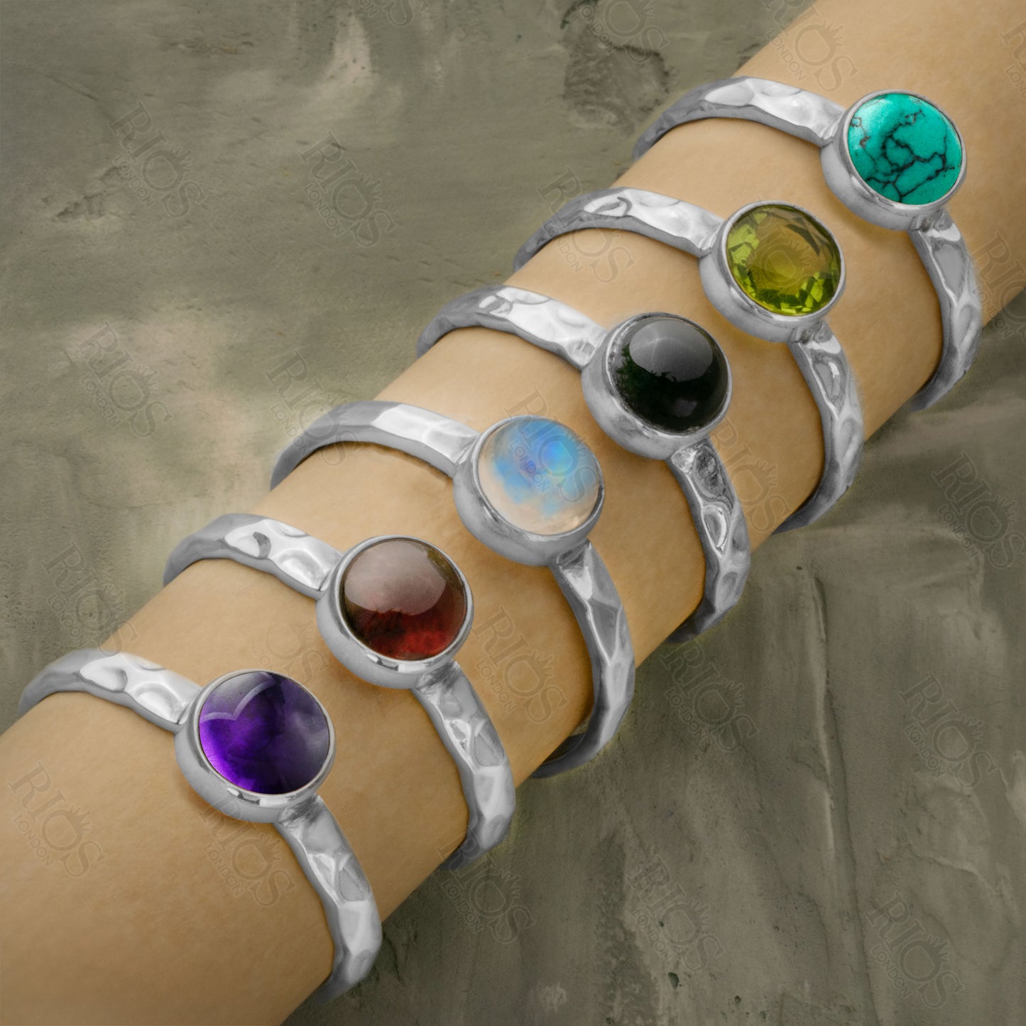 Hammered 925 Sterling Silver Natural Moonstone | Amethyst | Turquoise | Red Garnet | Black Onyx | Green Peridot Gemstone Ring Gift Boxed