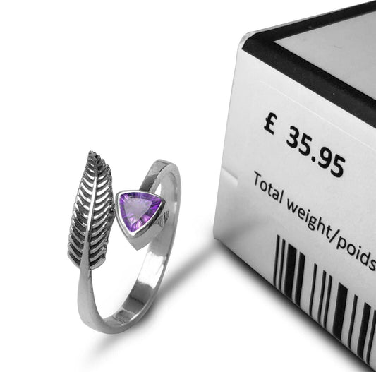 Stylish 925 Sterling Silver AMETHYST Gemstone Leaf Adjustable Ring Gift Boxed - Rios London