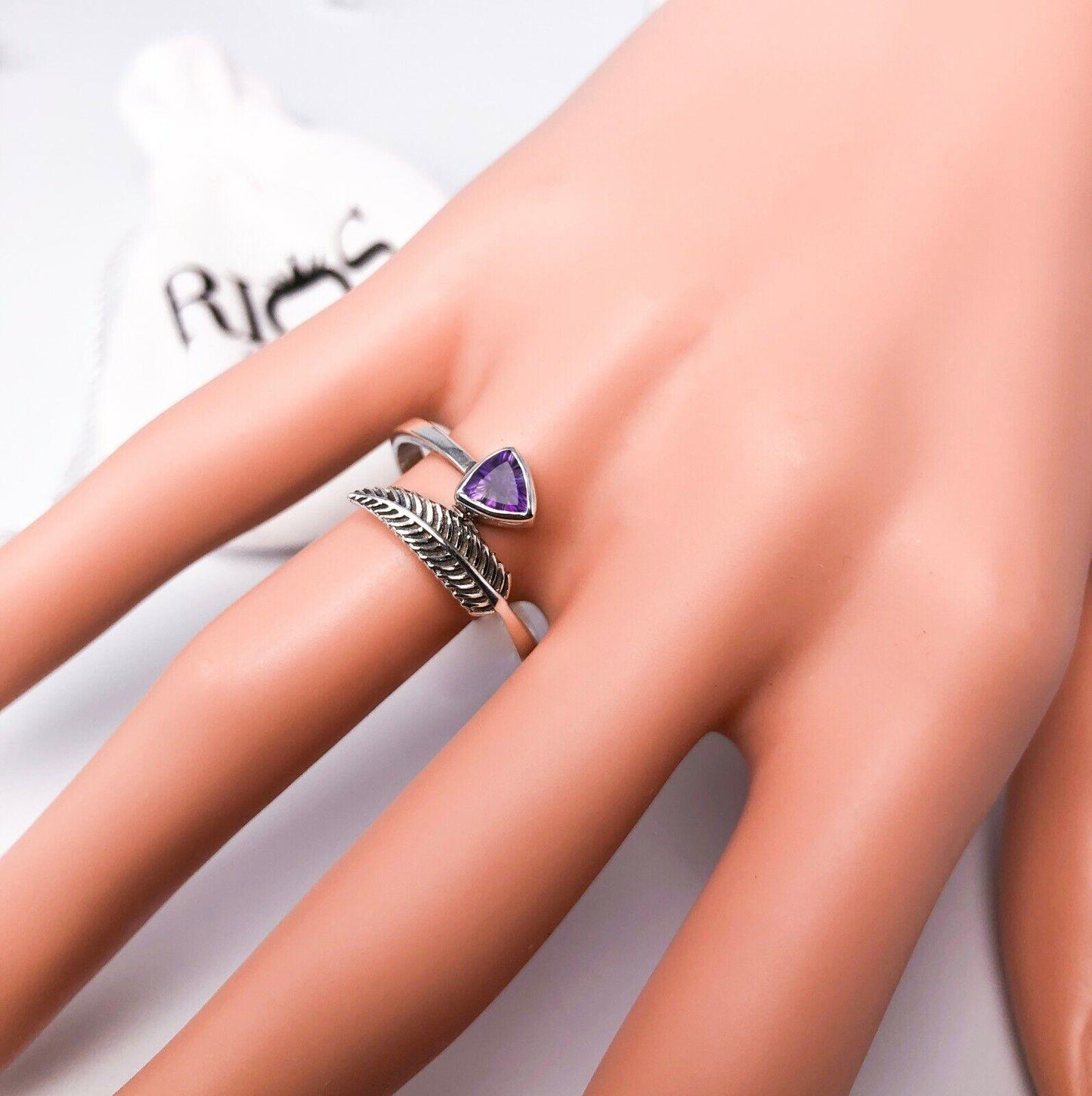 Stylish 925 Sterling Silver AMETHYST Gemstone Leaf Adjustable Ring Gift Boxed - Rios London