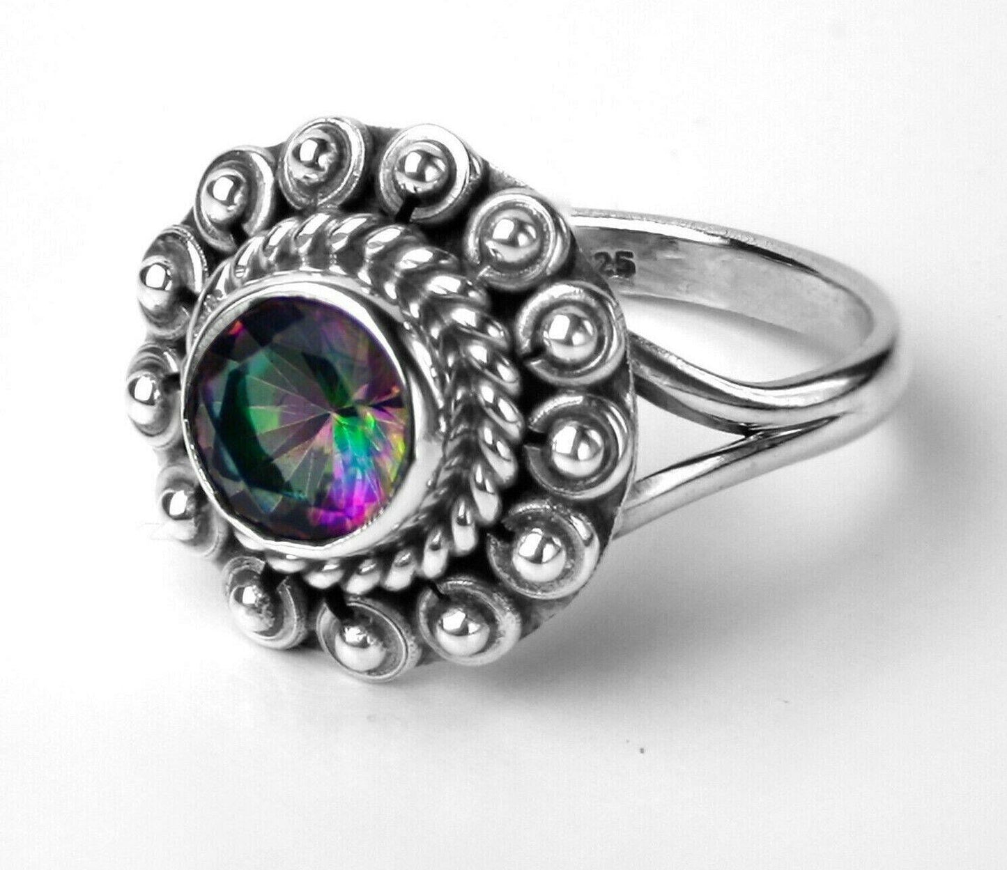 Stylish 925 Sterling Silver Mystic Fire Topaz Facet Cut Gemstone Ring Gift Box - Rios London